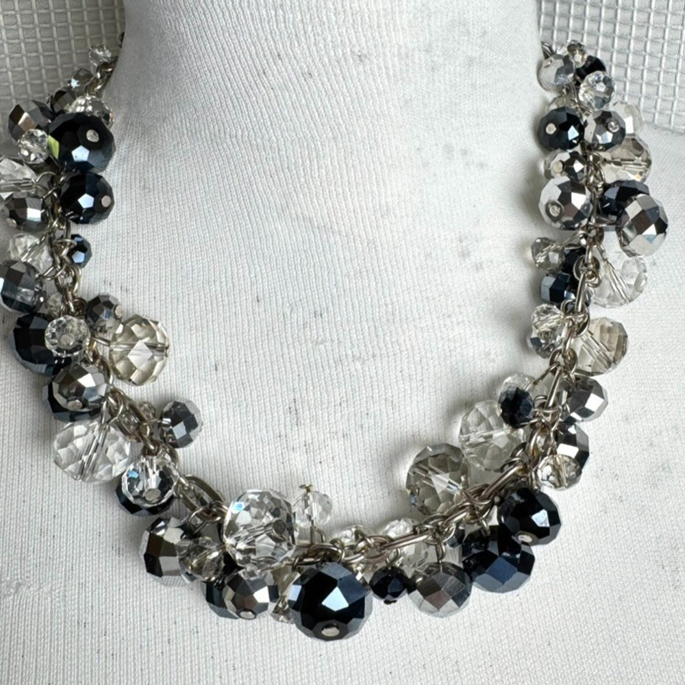 Faceted Crystal Cha Cha Necklace Beaded Smoky Clear Black Beads Silver Tone